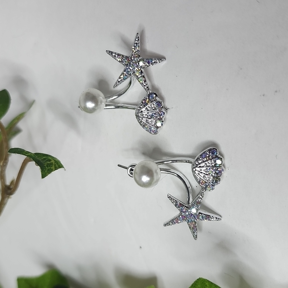 Silver and Iridescent Crystal Starfish and Shell Earrings